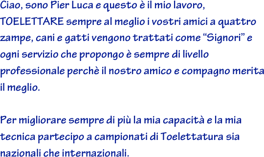 Ciao, sono Pier Luca e questo è il mio lavoro, TOELETTARE sempre al meglio i vostri amici a quattro zampe, cani e gatti vengono trattati come “Signori” e ogni servizio che propongo è sempre di livello professionale perchè il nostro amico e compagno merita il meglio.

Per migliorare sempre di più la mia capacità e la mia tecnica partecipo a campionati di Toelettatura sia nazionali che internazionali.
